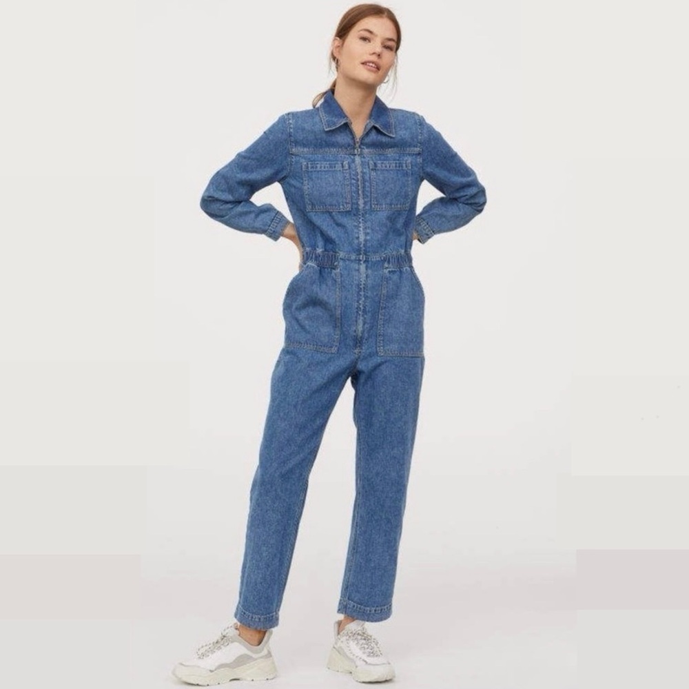 H&M Denim Boiler Jumpsuit Size 6 Sleeve Zip-Up Coveralls Blue Jeans Long New NWT